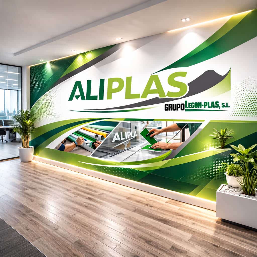 Pared rotulada con vinilo impreso con la marca Aliplas