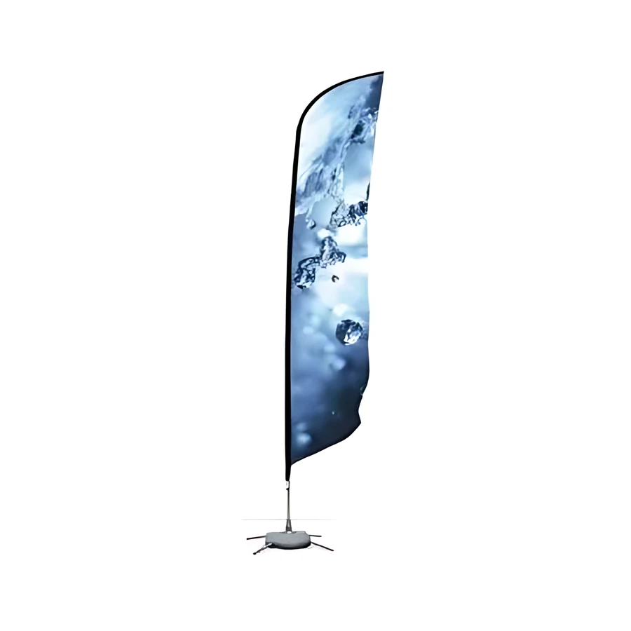 Flying Banner tipo vela de aluminio para exterior con pie en X y contrapeso